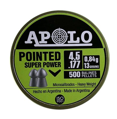 APOLO Pointed Super Power airgun pellets label showing 0.177 cal, 13 grains (0.84 g) and 500 pellets; Made in Argentina