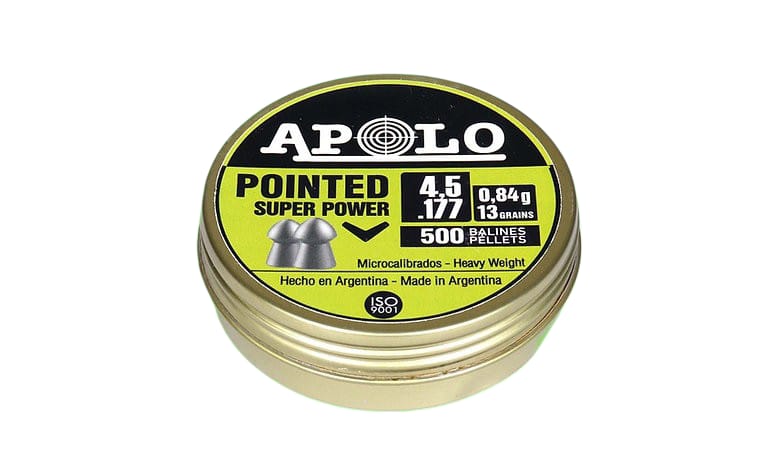 Tin of Apollo pointed air gun pellets: 4.5 mm caliber, 0.84 g (13 grains), 500 pellets; made in Argentina.