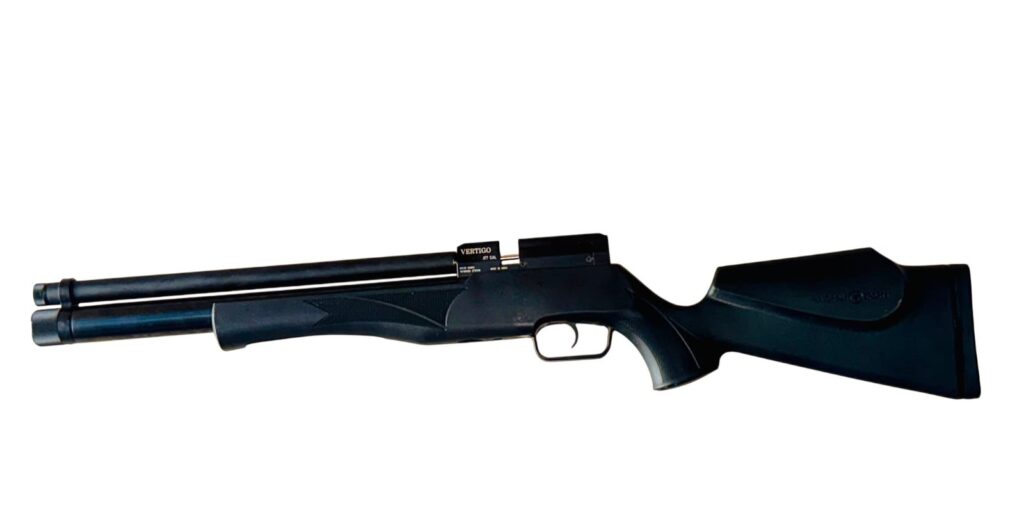 Over-under double-barreled shotgun with a black synthetic stock and vent rib.
