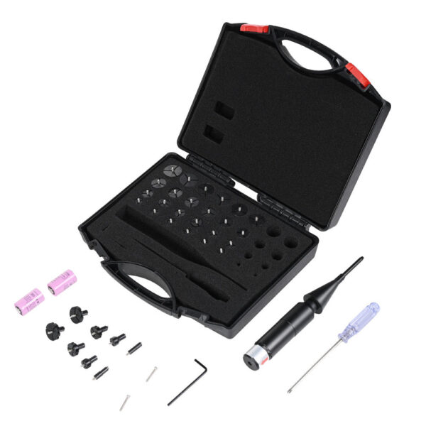 Open black case of a precision screwdriver set with numerous small interchangeable bits and accessories.