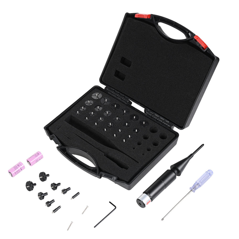Open black case of a precision screwdriver set with numerous small interchangeable bits and accessories.
