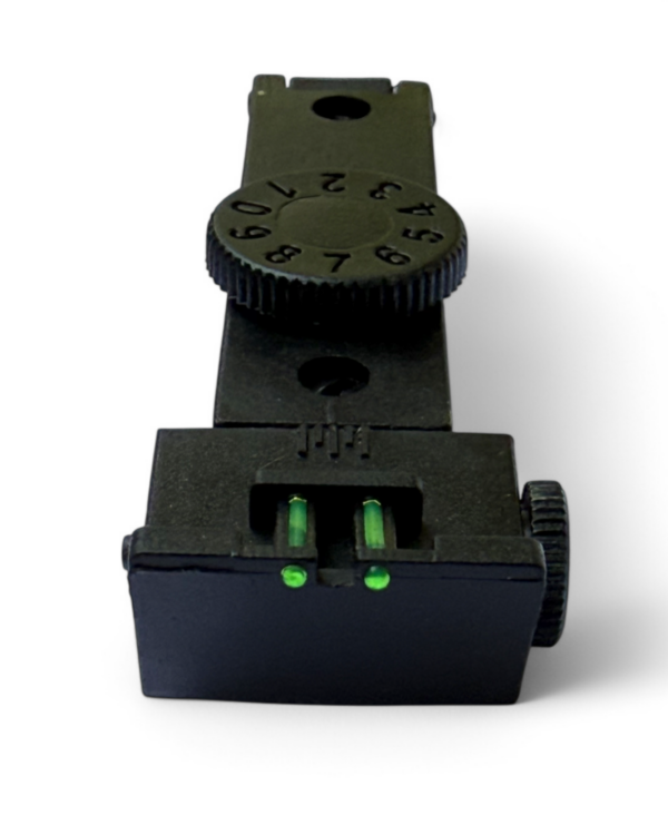 Close-up of a black adjustable mounting clamp with a circular numbered dial and two green bubble levels for precise alignment of equipment.