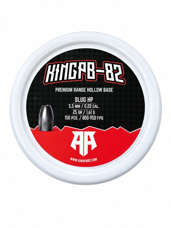 KingPB-82 premium hollow-base slug HP ammo label on a white circular lid, listing 5.5 mm, 0.22 cal, 25 gr, 150 pcs and FPS specs.