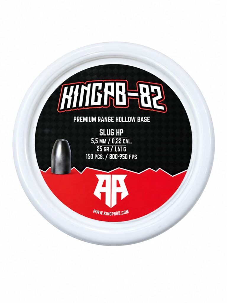 KingPB-82 premium hollow-base slug HP ammo label on a white circular lid, listing 5.5 mm, 0.22 cal, 25 gr, 150 pcs and FPS specs.