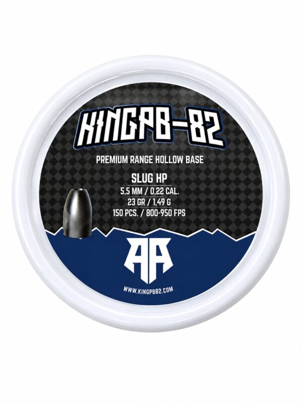 Round inner lid with KingPB82 logo and product specs for Slug HP hollow base ammunition (5.5 mm / .22 cal, 23 g, 150 pcs, 800–950 FPS).