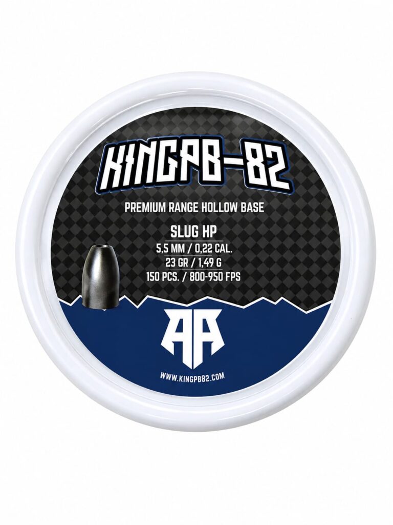 Round inner lid with KingPB82 logo and product specs for Slug HP hollow base ammunition (5.5 mm / .22 cal, 23 g, 150 pcs, 800–950 FPS).