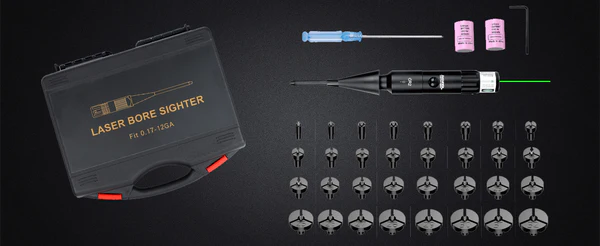 Laser bore sight kit laid out: labeled case, small toolkit, two pink batteries, and many circular adapter inserts on a dark surface.