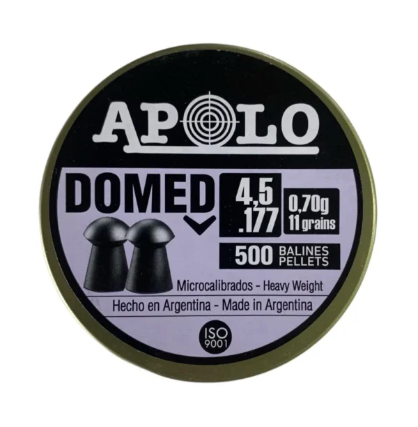 Circular label for Apollo Domed heavy-weight airgun pellets, 4.5 mm (.177), 500 pellets, made in Argentina (ISO 9001).