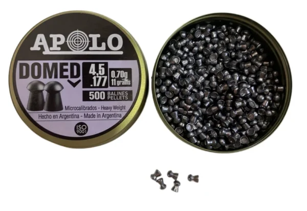 Open tin of Apollo Domed .177 caliber airgun pellets (500 pellets), with loose pellets nearby.