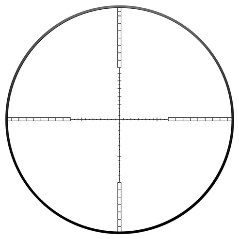 009_21047877-98d4-41d9-91a0-1e6adc803388 Circular gun-scope reticle with vertical and horizontal crosshairs and tick marks along the lines