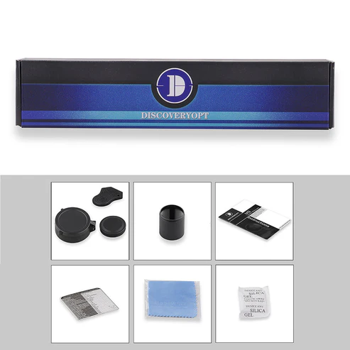 08_72f3d271-ce19-418a-9f62-47b8a18ebe99 DiscoveryOpt branded box above a 2x3 grid of camera accessories: lens caps, a small cylindrical part, cards, a blue cleaning cloth, and silica gel packets.
