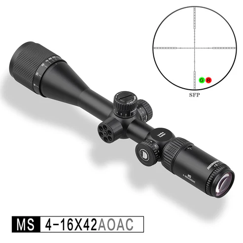 Rifle scope with 4-16x42 magnification and adjustable turrets mounted on a rifle accessory; inset shows a crosshair reticle with color-coded aim dots (G, R, B) in a circular view.