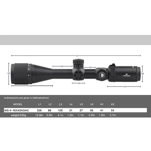 3_020ec9a8-9a1c-454b-86fe-83ca05c2be0d Scope with adjustable turrets and variable-power optics; includes a dimensioning diagram (L1–L7, H1–H2) and a spec table listing model MS 4-16X42AOAC and weight 530 g.