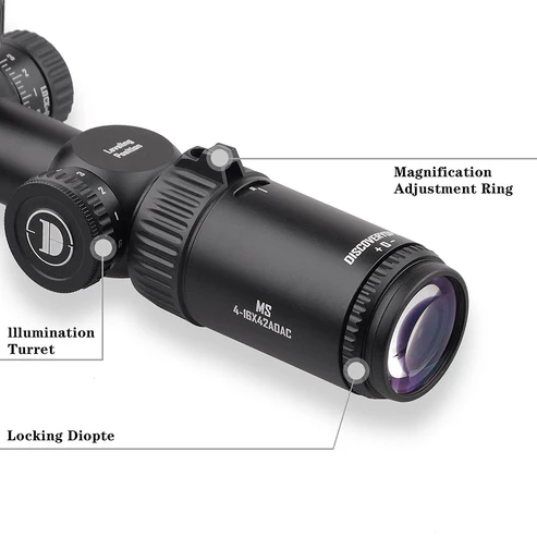5_70967d65-67c3-40c5-80f8-fb77c6934386 Close-up of a black riflescope with labeled parts: magnification adjustment ring, illumination turret, and locking diopter.