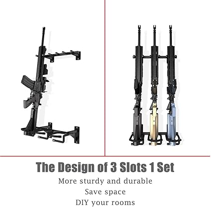 Product image showing wall-mounted gun racks: left panel a single rifle on a horizontal mount; right panel a three-slot rack holding three rifles with different finishes; headline reads 'The Design of 3 Slots 1 Set'.