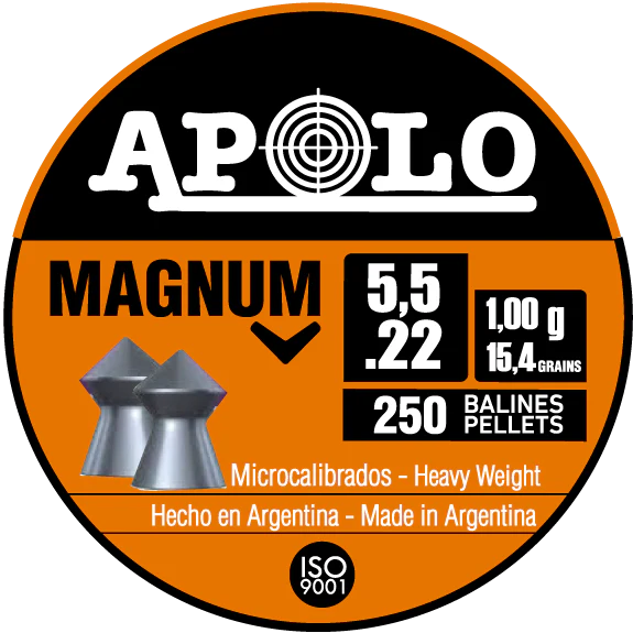 Apollo Magnum 5.5 .22 heavy weight lead pellets label showing 250 pellets, made in Argentina, ISO 9001, with two pellet projectiles image and target logo