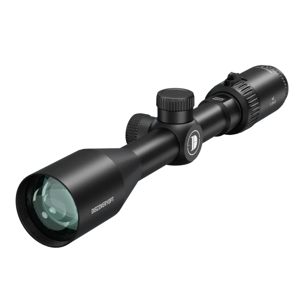 Black riflescope with large front lens, two adjustment turrets, and mounting base, angled to show its matte finish and logo on the side.