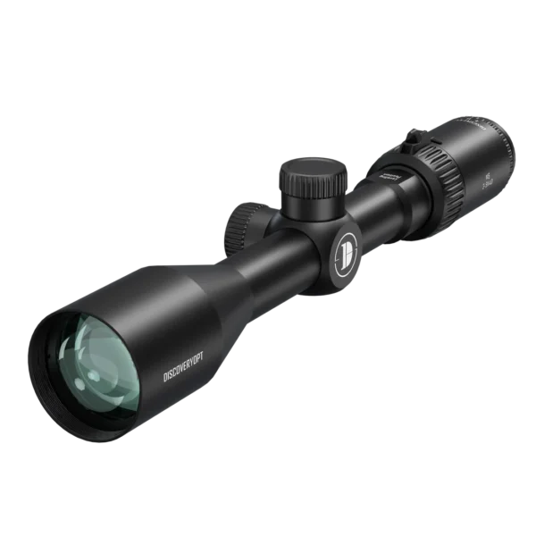 Black riflescope with large front lens, two adjustment turrets, and mounting base, angled to show its matte finish and logo on the side.