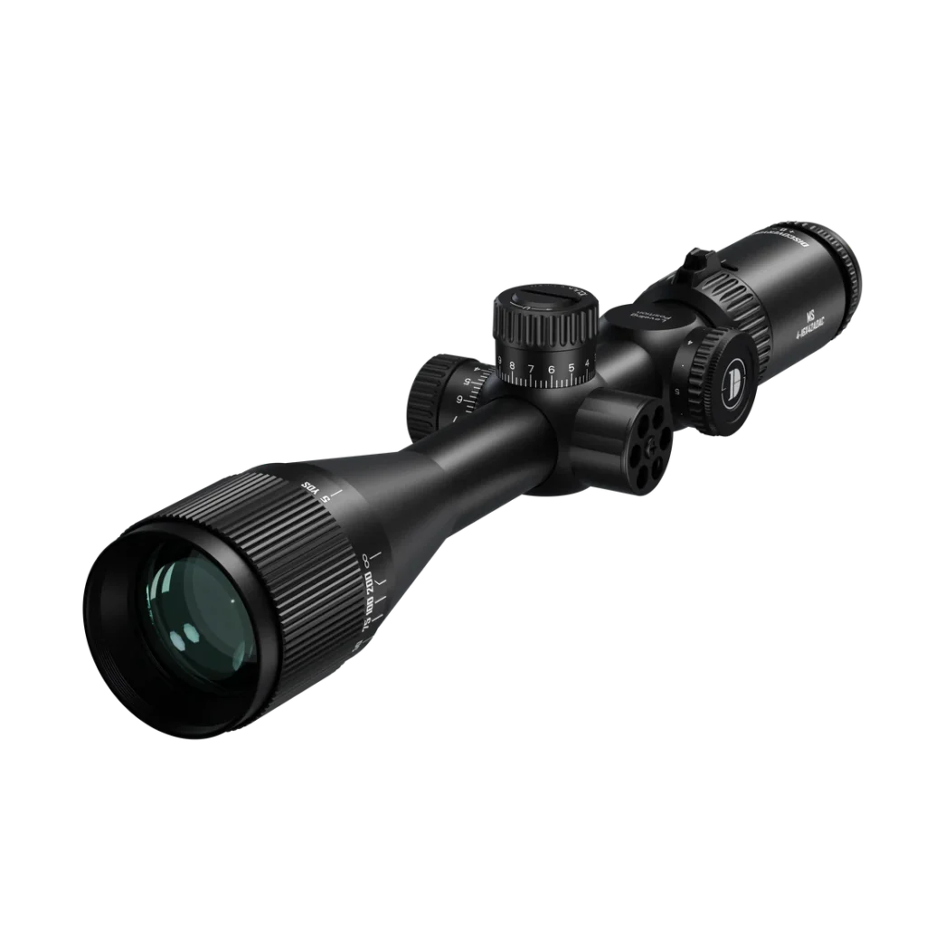 Black rifle scope with adjustable turrets and lens, shown at an angled side view.