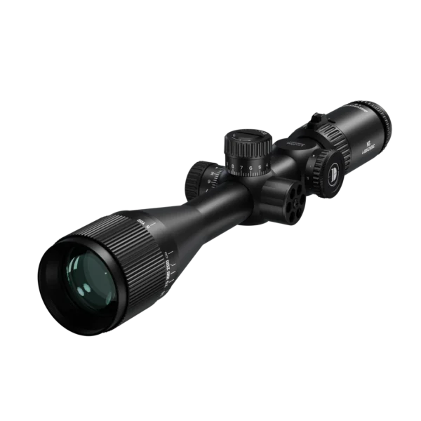 Black rifle scope with adjustable turrets and lens, shown at an angled side view.