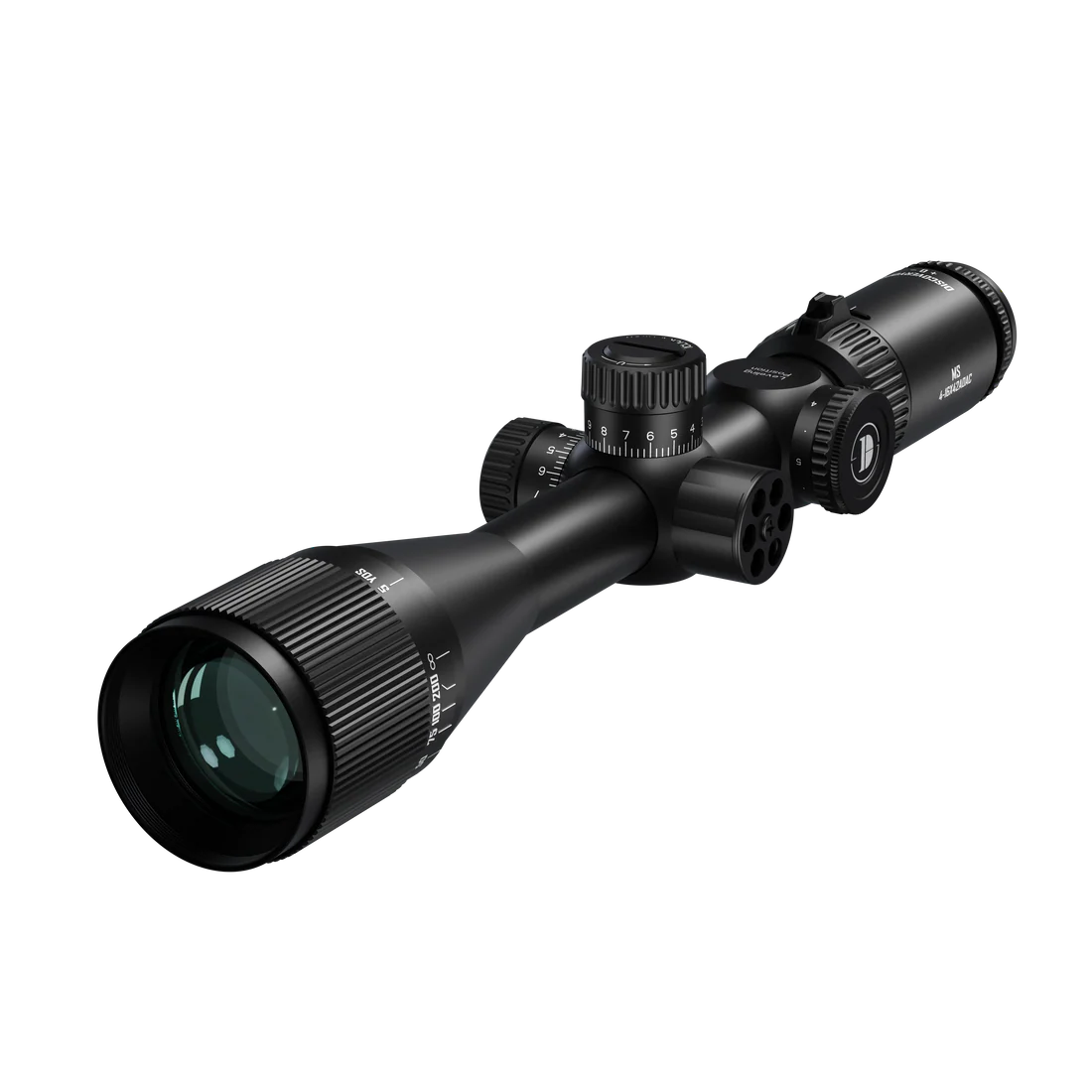 MS4-16MOA-L Black rifle scope with adjustable turrets and lens, shown at an angled side view.