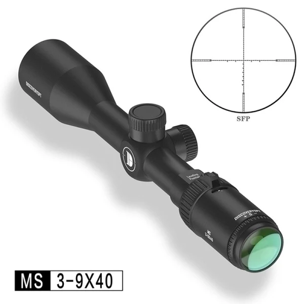 Black rifle scope with 3-9x40 magnification, green-tinted objective lens, and adjustment knobs; inset SFP crosshair diagram shows reticle layout.
