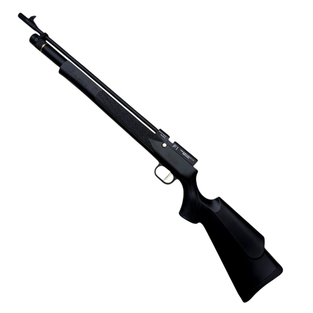 Black bolt-action rifle with a textured grip, shown diagonally across the image.