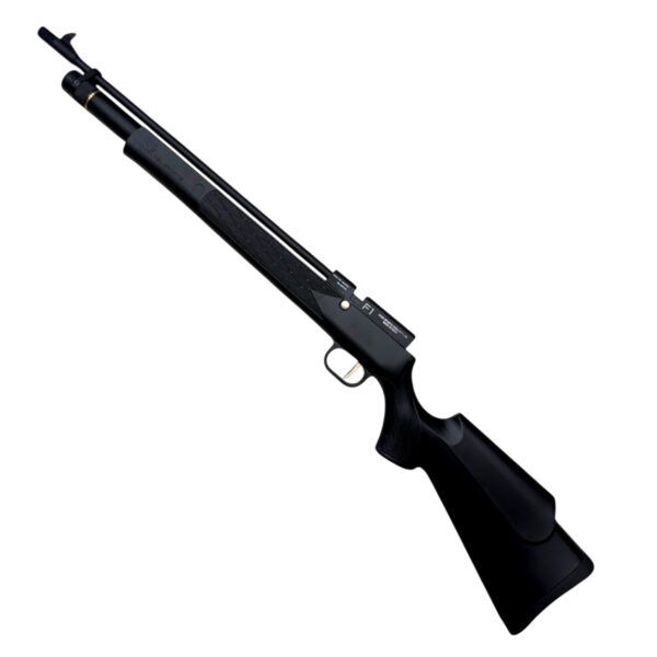 Black bolt-action rifle with a textured grip, shown diagonally across the image.
