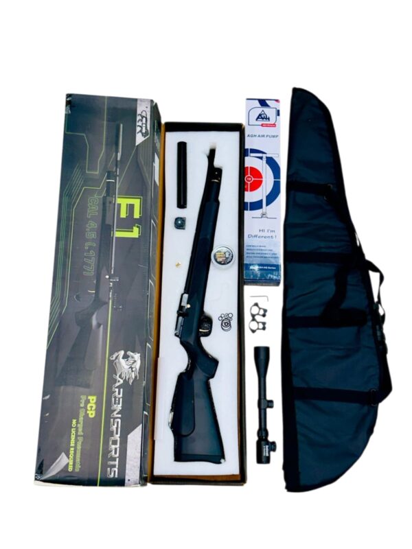 Air rifle kit with scope, bipod, and accessories in foam insert beside a black carrying bag and box box art visible