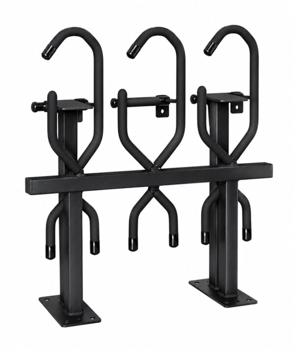 Black metal triple bike rack with curved hanging arms and two sturdy bases, designed to hold three bicycles.