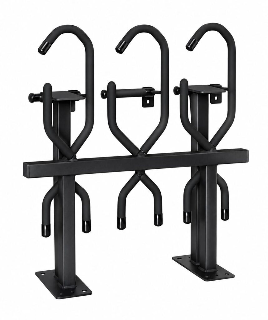 Black metal triple bike rack with curved hanging arms and two sturdy bases, designed to hold three bicycles.