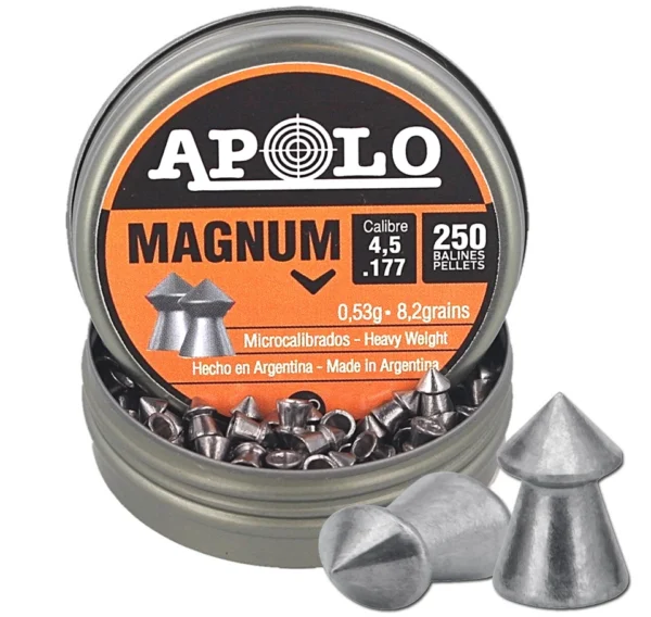 Tin of Apollo Magnum lead airgun pellets, 4.5 mm (.177), 250 pellets, with several pellets outside the tin.