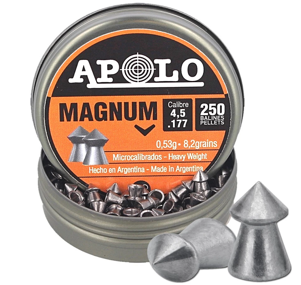 Tin of Apollo Magnum lead airgun pellets, 4.5 mm (.177), 250 pellets, with several pellets outside the tin.