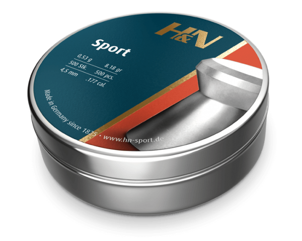 Round silver metal tin with a blue label reading ‘Sport’ and the H&V logo; lid slightly open, product packaging on display.