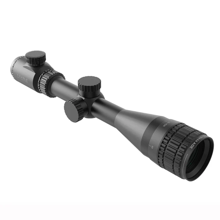 Black riflescope with three adjustment turrets and a large magnification eyepiece, viewed from a slight angle.