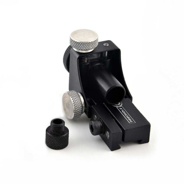 Black small optical sight with two knurled aluminum knobs, a hollow tube, and a detachable knurled cap on a compact mounting base.