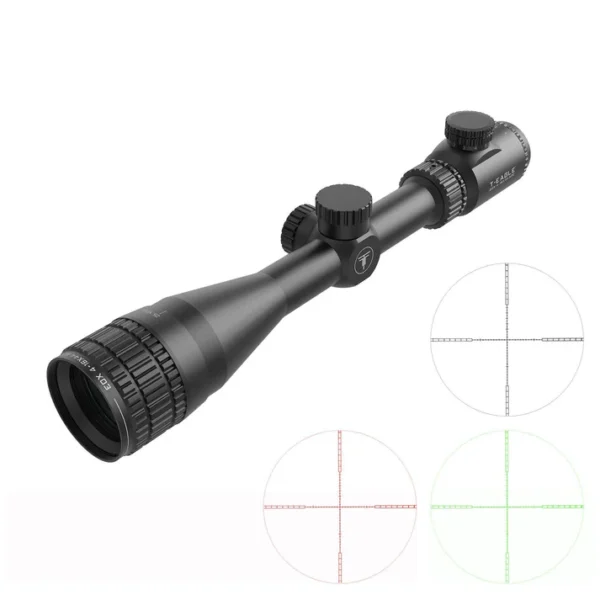 Black riflescope with adjustable turrets and multiple crosshair reticles (red and green) shown in color variants.