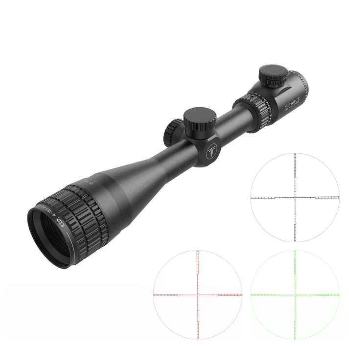 Black riflescope with adjustable turrets and multiple crosshair reticles (red and green) shown in color variants.