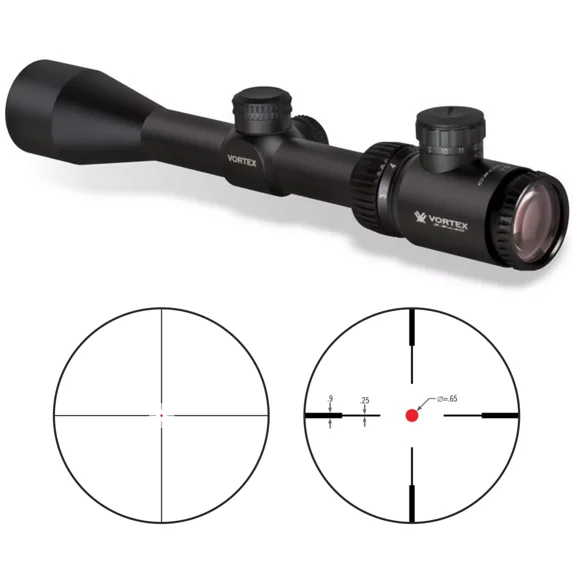 Black Vortex riflescope with adjustment knobs; two circular reticle diagrams below: one plain crosshair, the other with marked distance indicators and a red center dot.