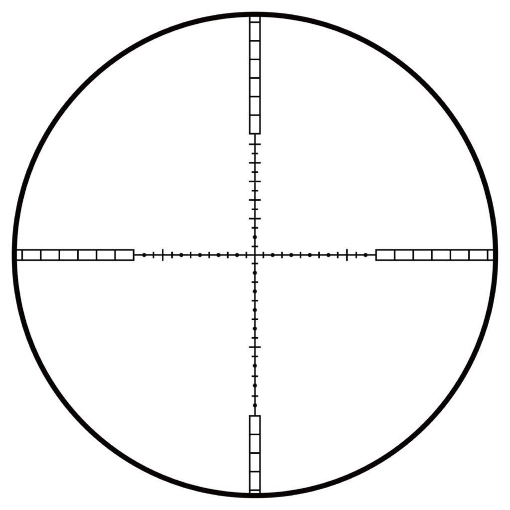 Circular measuring dial with a vertical central scale and a horizontal crosshair, both marked with evenly spaced ticks for precision reading.