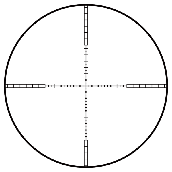 Circular measuring dial with a vertical central scale and a horizontal crosshair, both marked with evenly spaced ticks for precision reading.