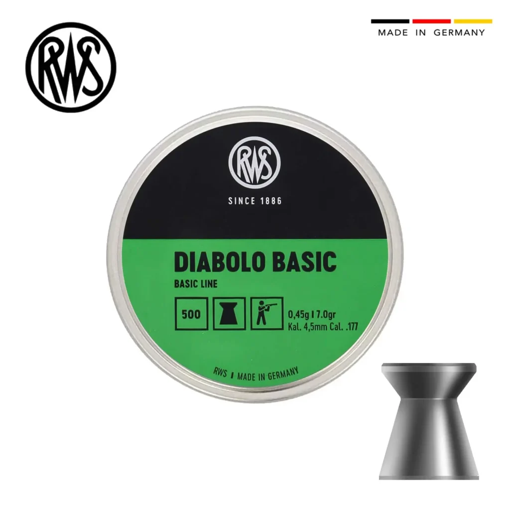 RWS Diabolo Basic pellet tin with green label and Made in Germany marking, ready for air rifles.