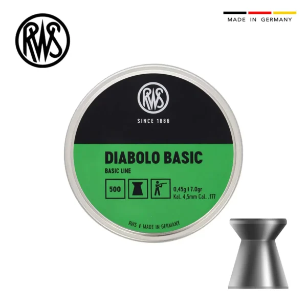 RWS Diabolo Basic pellet tin with green label and Made in Germany marking, ready for air rifles.