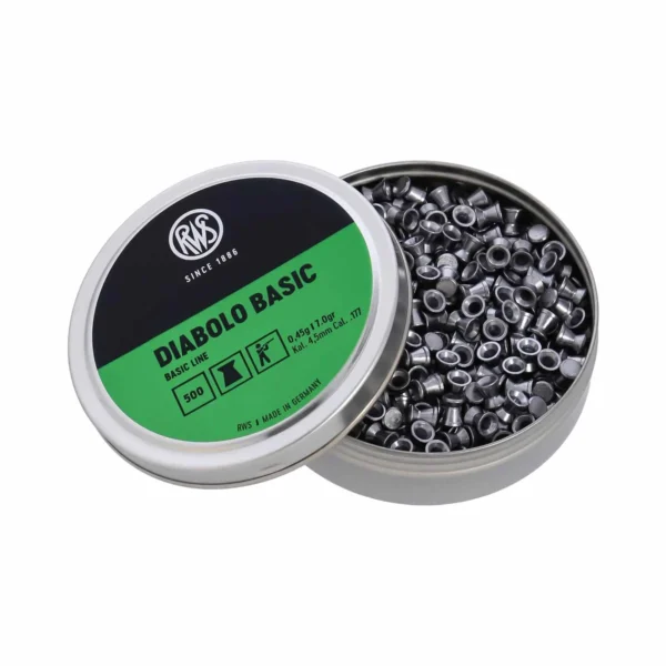 Tin can of RWS Diabolo Basic airgun pellets, green-labeled with many small metal pellets spilling from the open tin