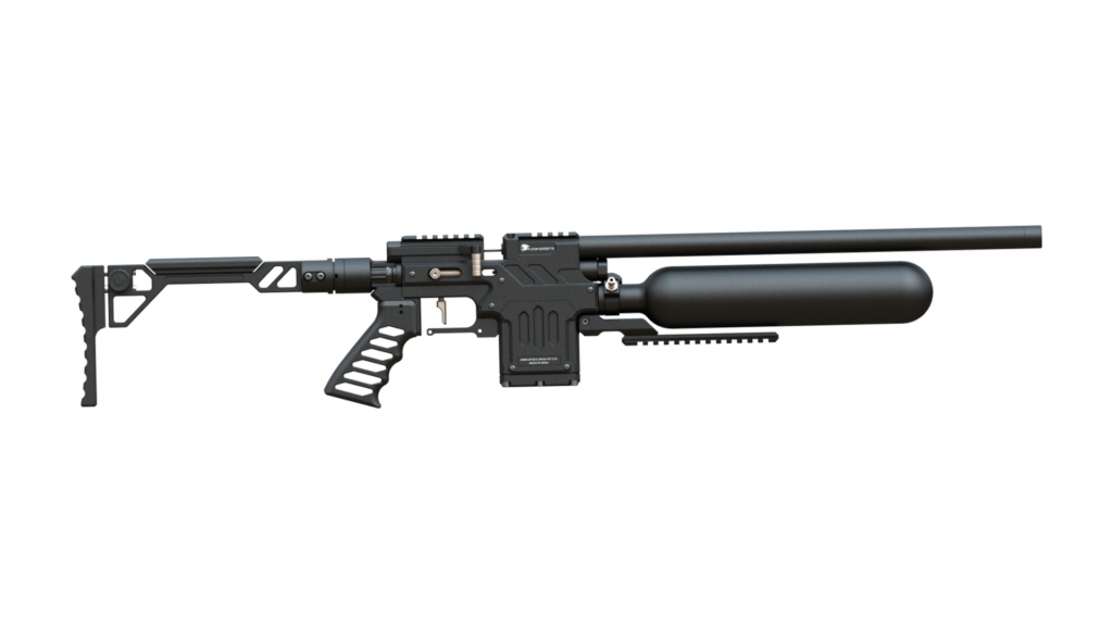 Black, modern sniper rifle shown in profile with an external air tank on the right and a long barrel, collapsible stock, and foregrip.