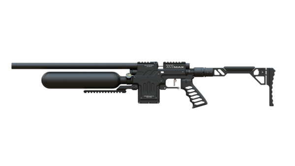 Black airsoft rifle with long barrel, CO2 tank on the left, and X1 MAX branding against a black background.