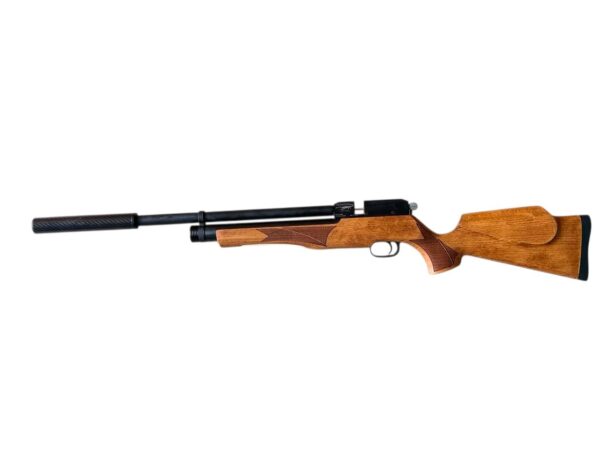 Bolt-action rifle with a wooden stock and a long barrel fitted with a suppressor attachment.