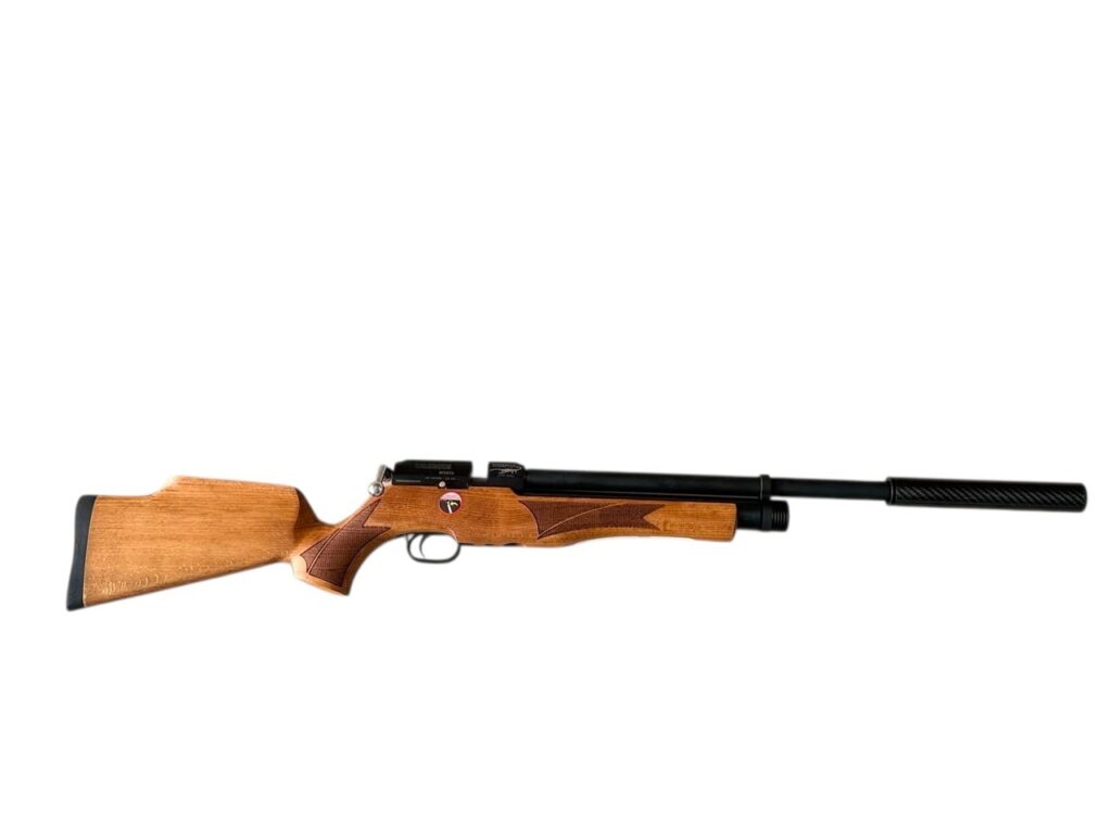 Bolt‑action rifle with a wooden stock and long black barrel on a white background.