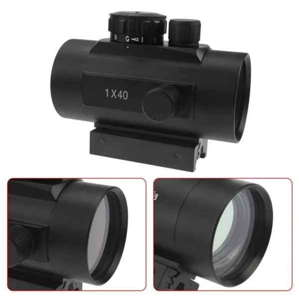 Black rifle scope with adjustment knobs and 1x40 marking, shown mounted; includes two close-up lens views at bottom as product details.