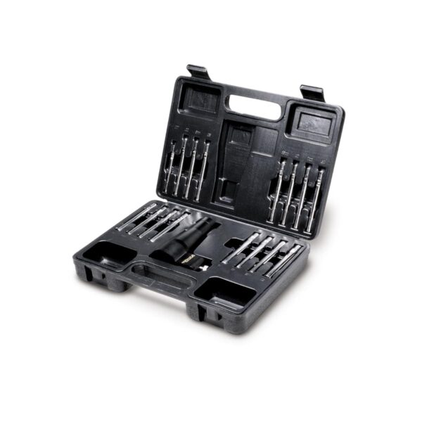 Screwdriver bit set in a black plastic carrying case, with bits arranged in slots and a central handle area visible inside the open lid